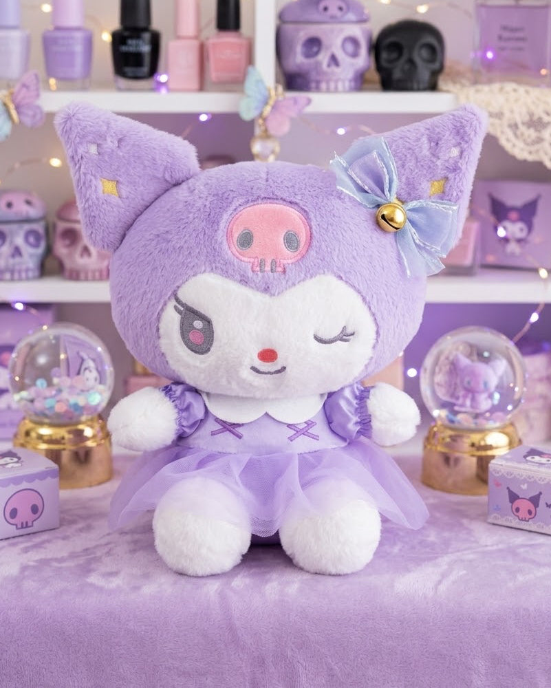 Peluche Kuromi Vestido Morado  Con Moño 22 Cm